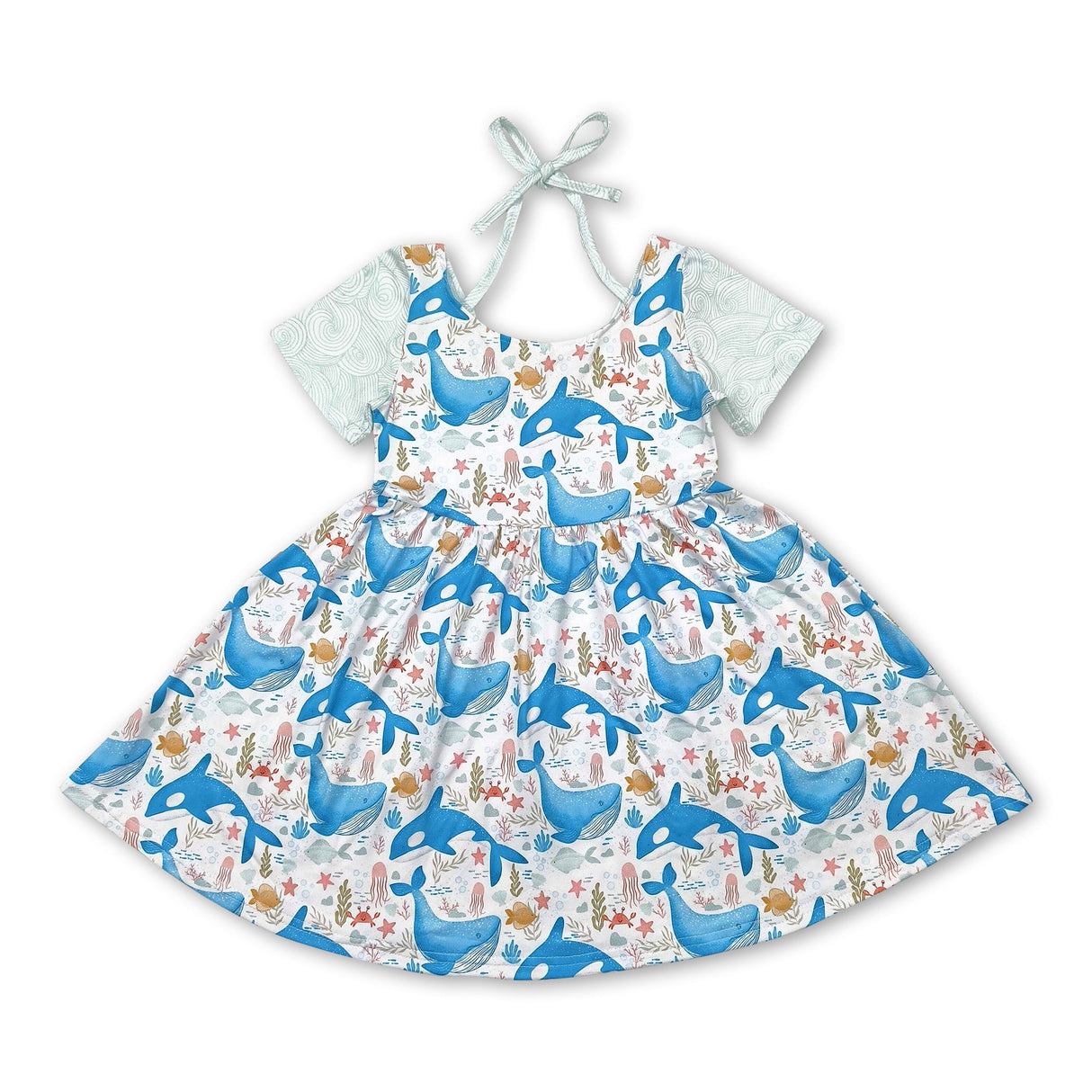 Short sleeves dolphin seaweed kids girls summer dress