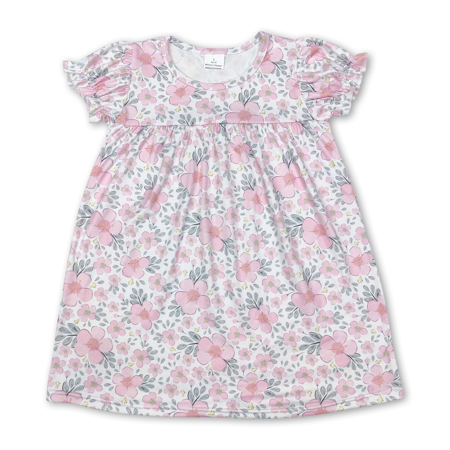 Short sleeves pink floral kids girls spring summer dress