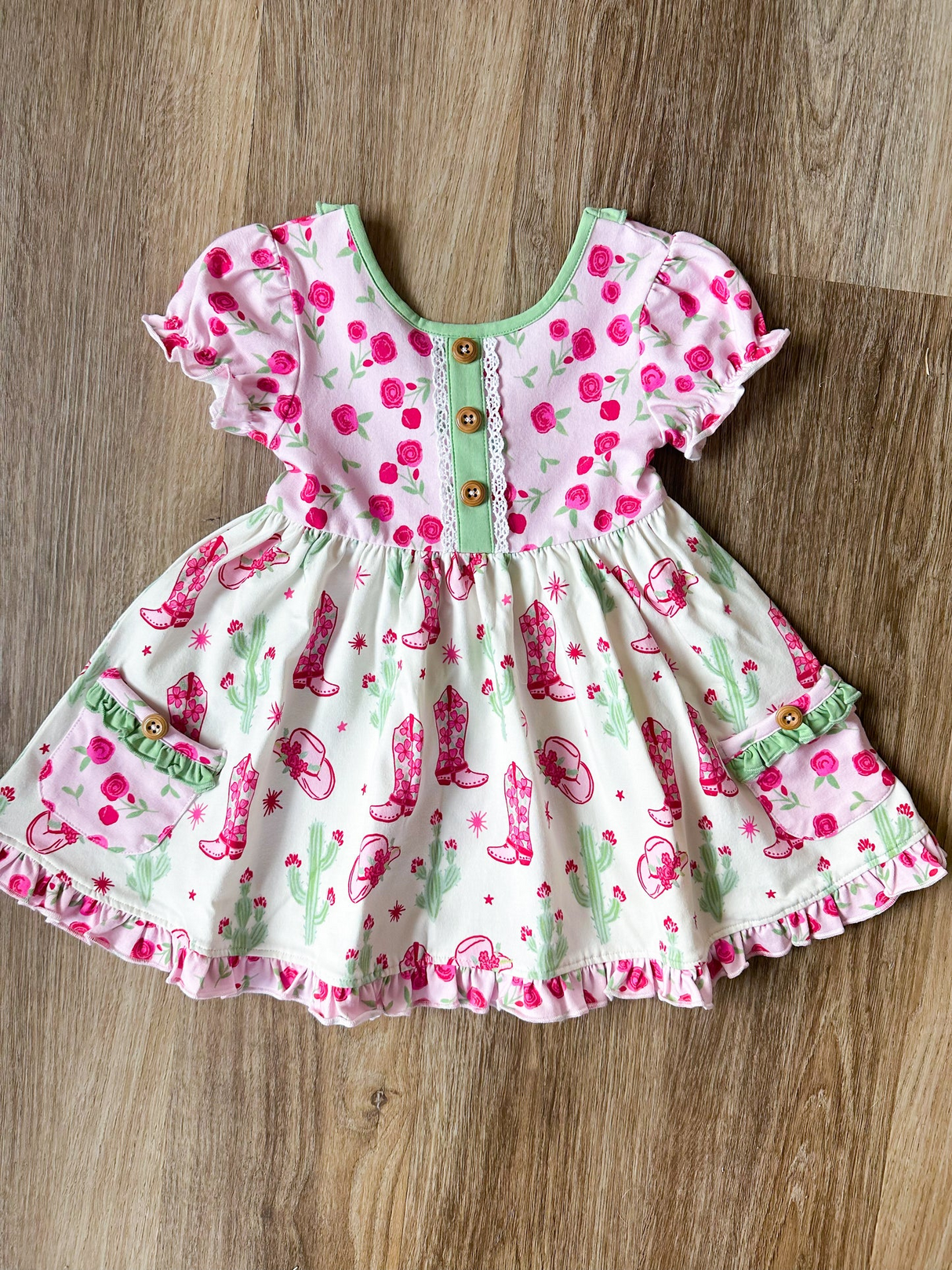 Short sleeves pink floral boots cactus western girls dress