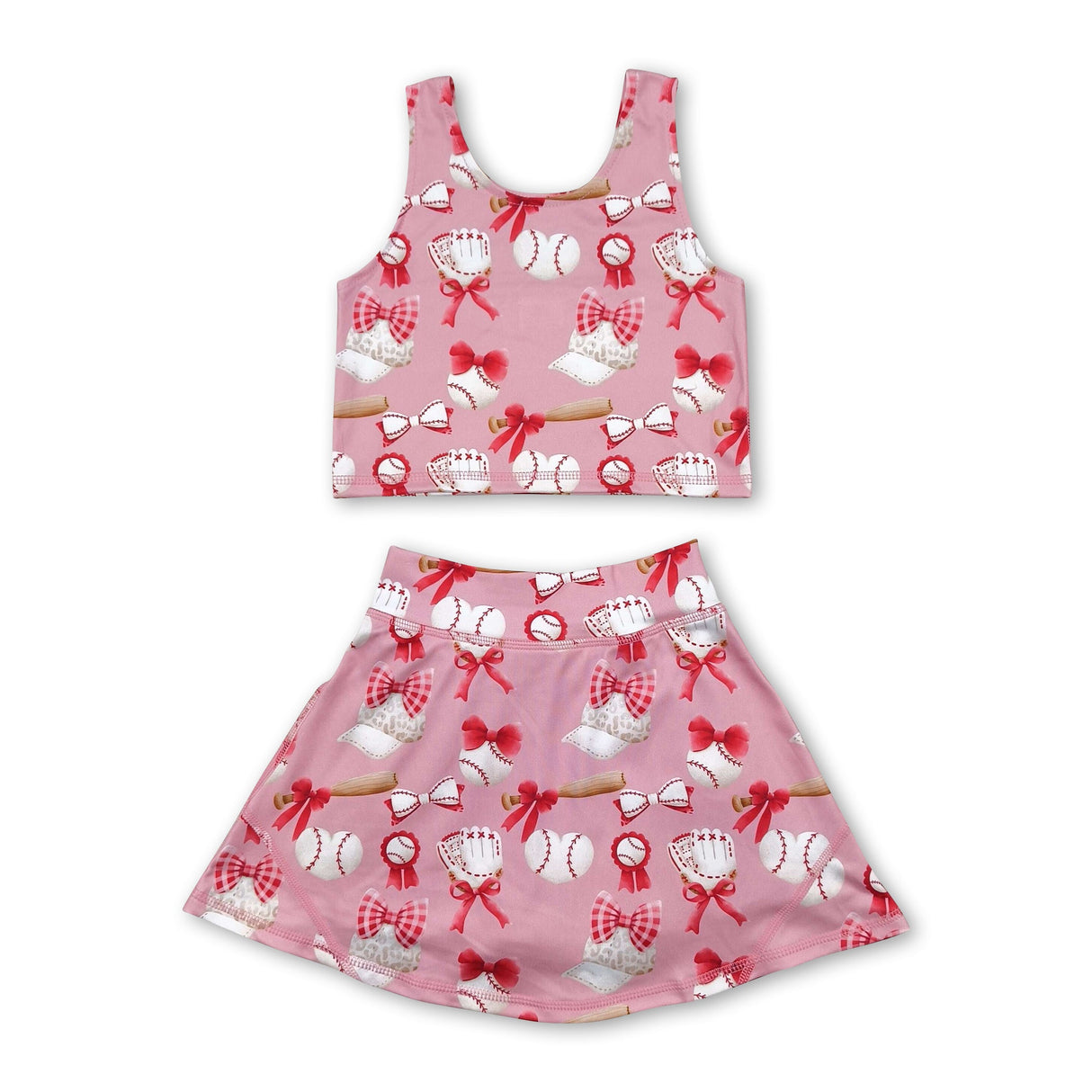 Sleeveless heart baseball top skirt girls active wear set