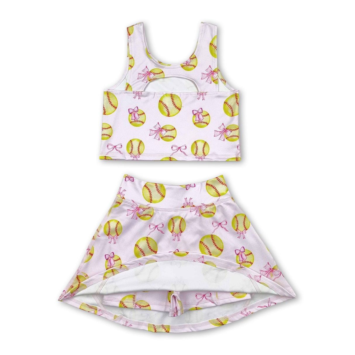 Sleeveless softball bow top skirt girls active wear set