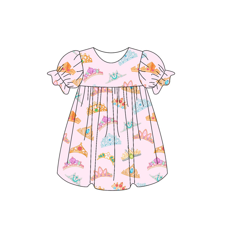 Pink short sleeves princess crown baby girls dresses