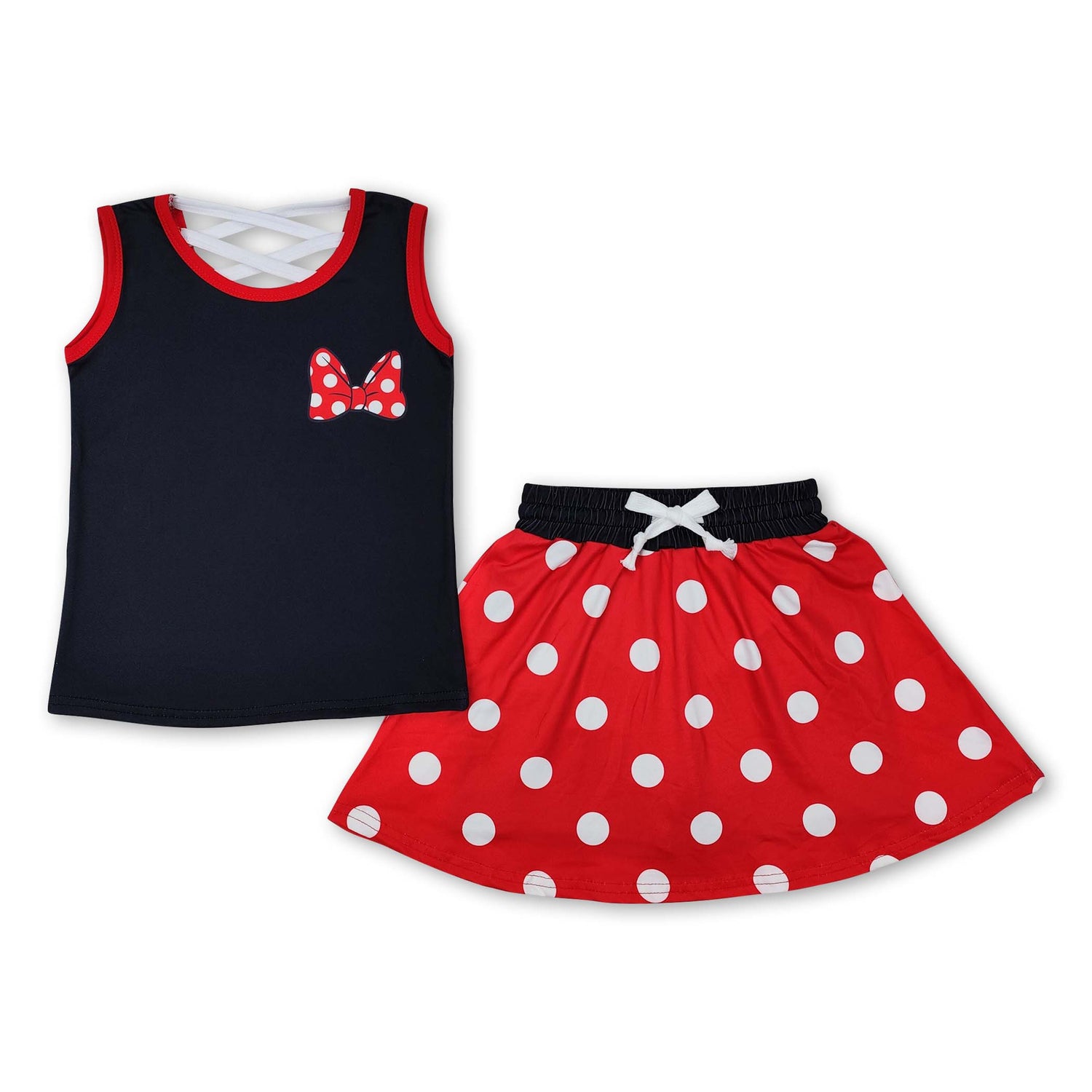 Black sleeveless bow top polka dots skirt girls clothes