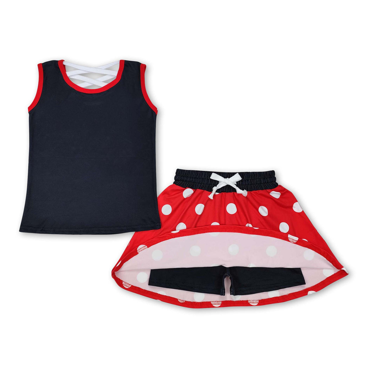 Black sleeveless bow top polka dots skirt girls clothes