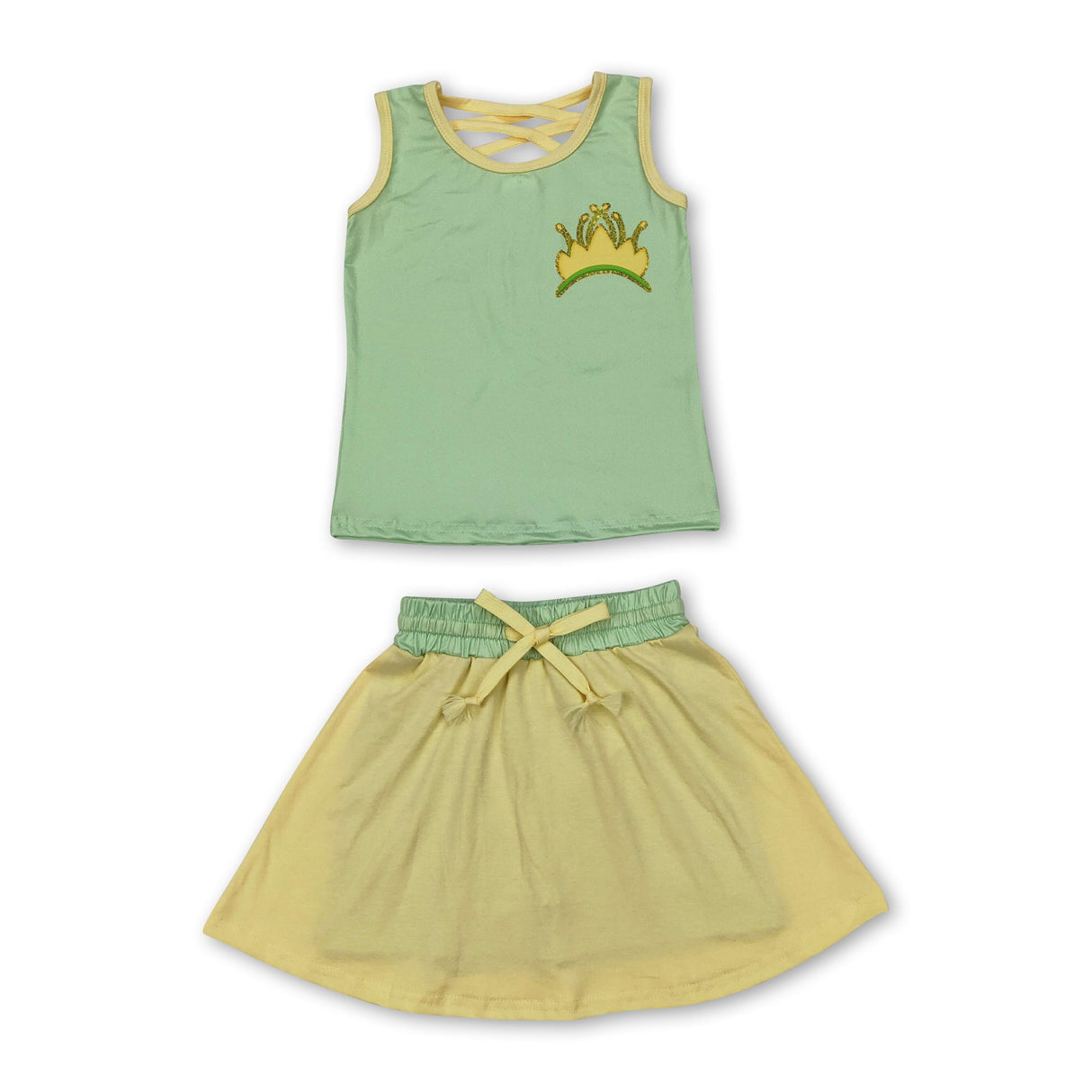 Green yellow sleeveless crown top skirt princess girls clothes