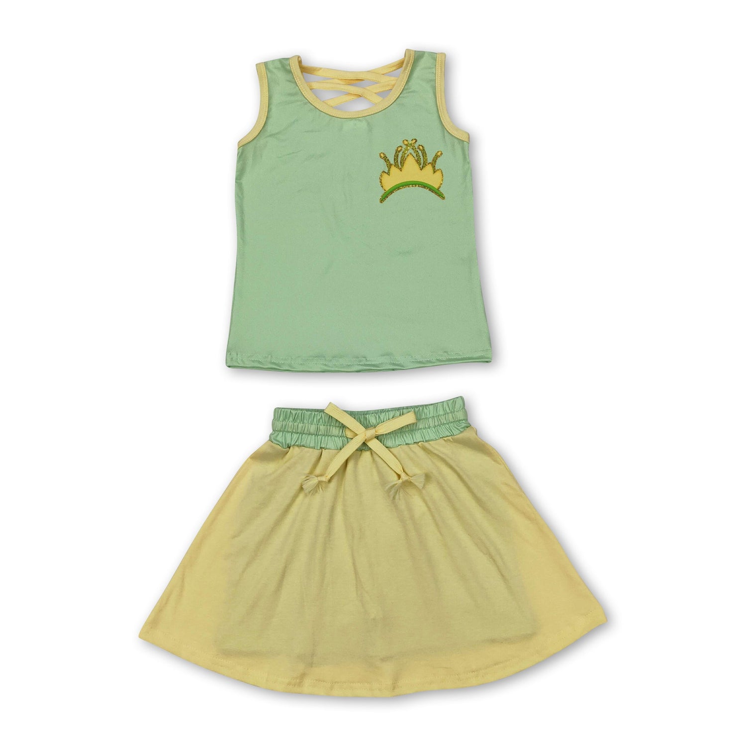 Green yellow sleeveless crown top skirt princess girls clothes