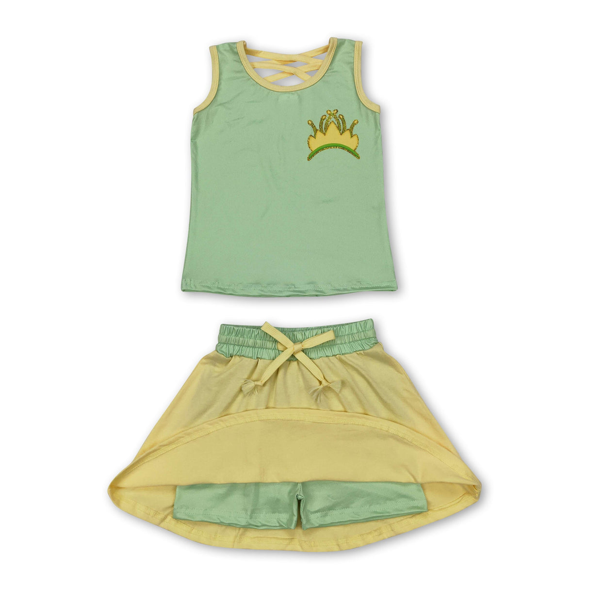 Green yellow sleeveless crown top skirt princess girls clothes