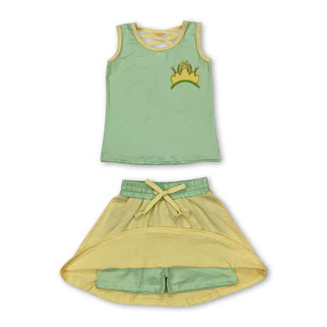 Green yellow sleeveless crown top skirt princess girls clothes