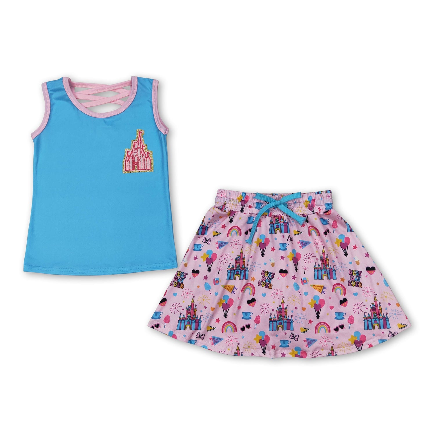 Blue sleeveless castle top skirt toddler girls clothes