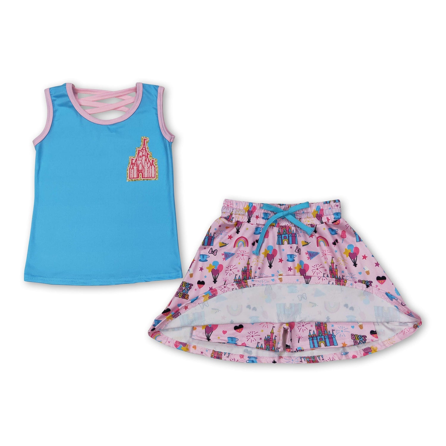 Blue sleeveless castle top skirt toddler girls clothes