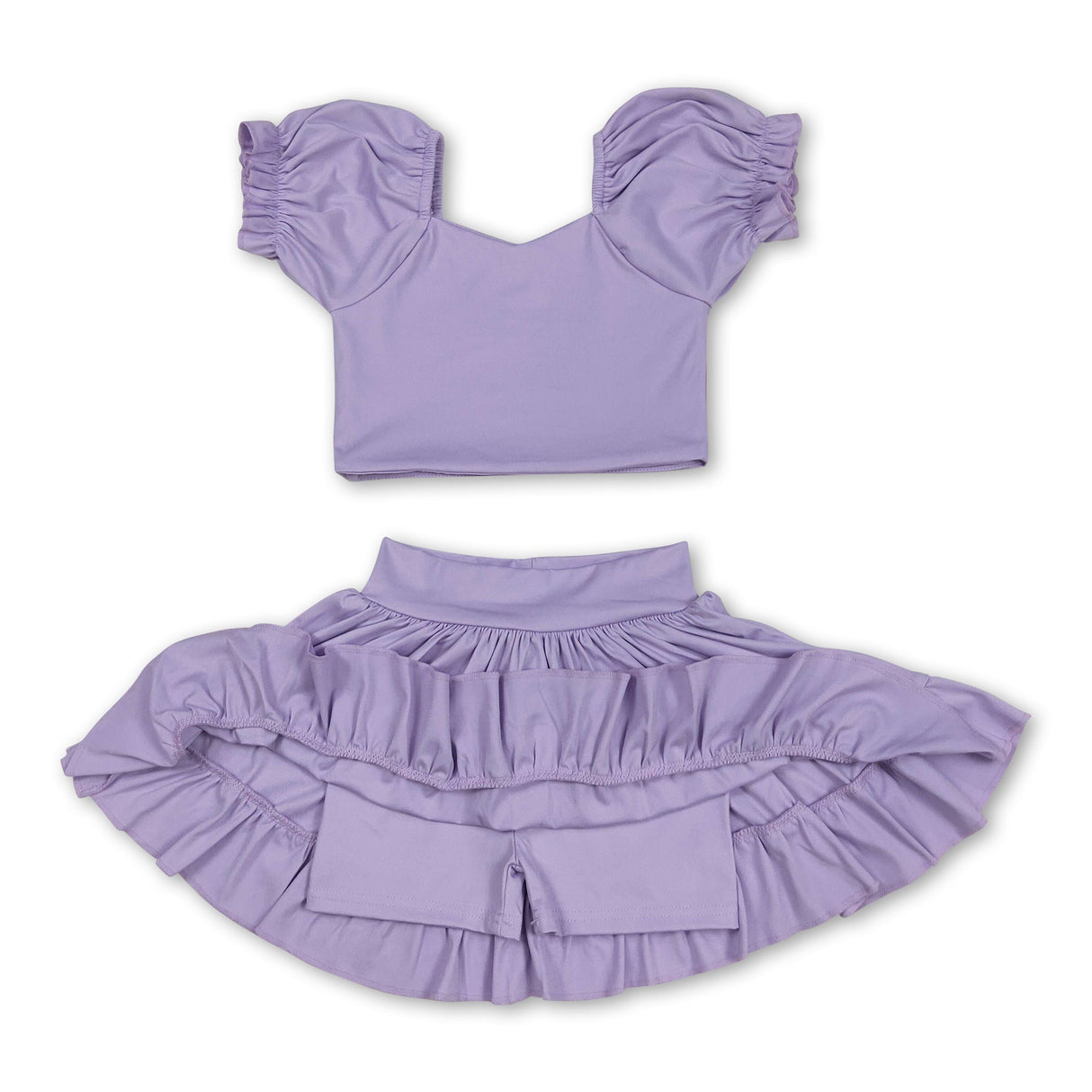 Lavender short sleeves crop top ruffle skirt girls active set