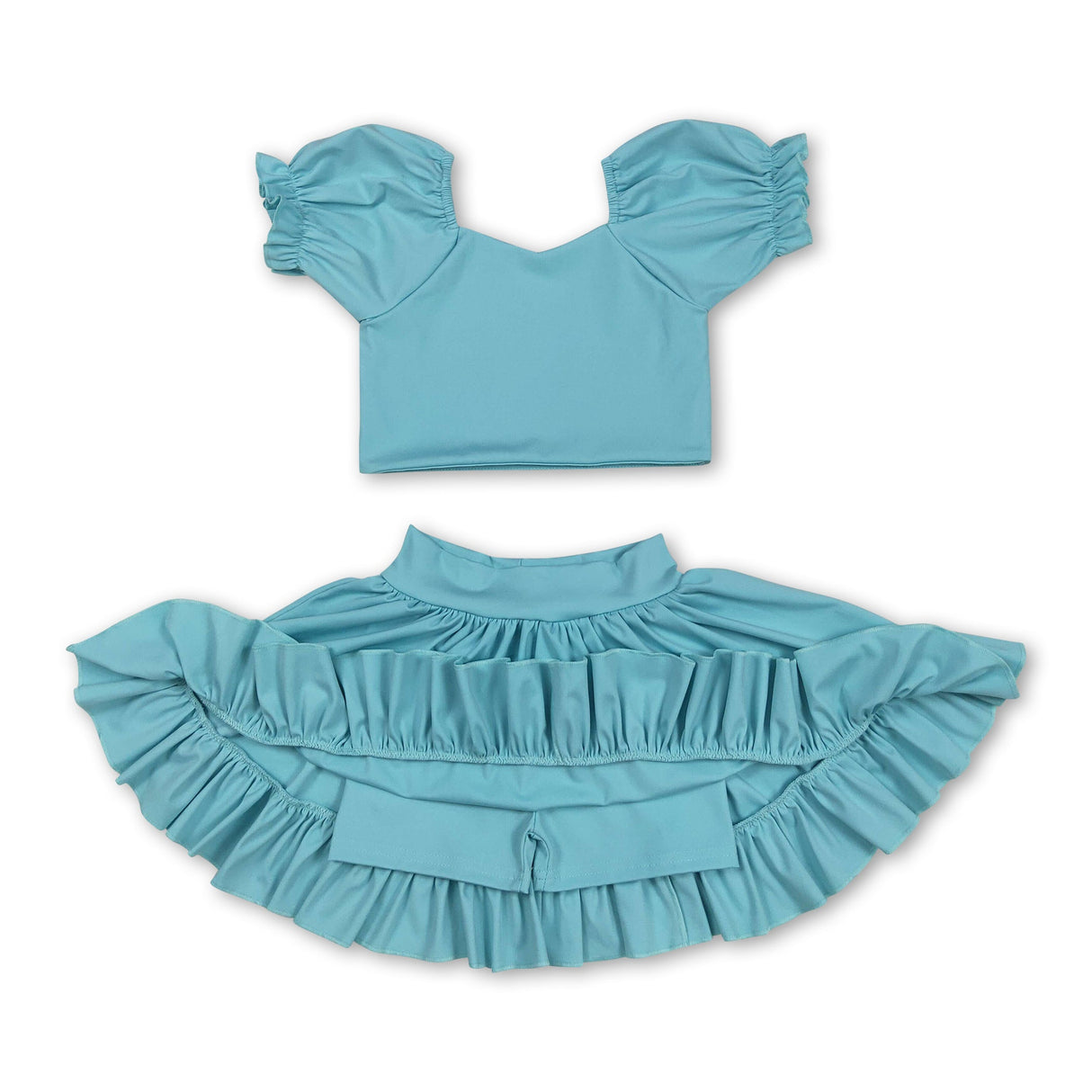 Aqua short sleeves crop top ruffle skirt girls active set