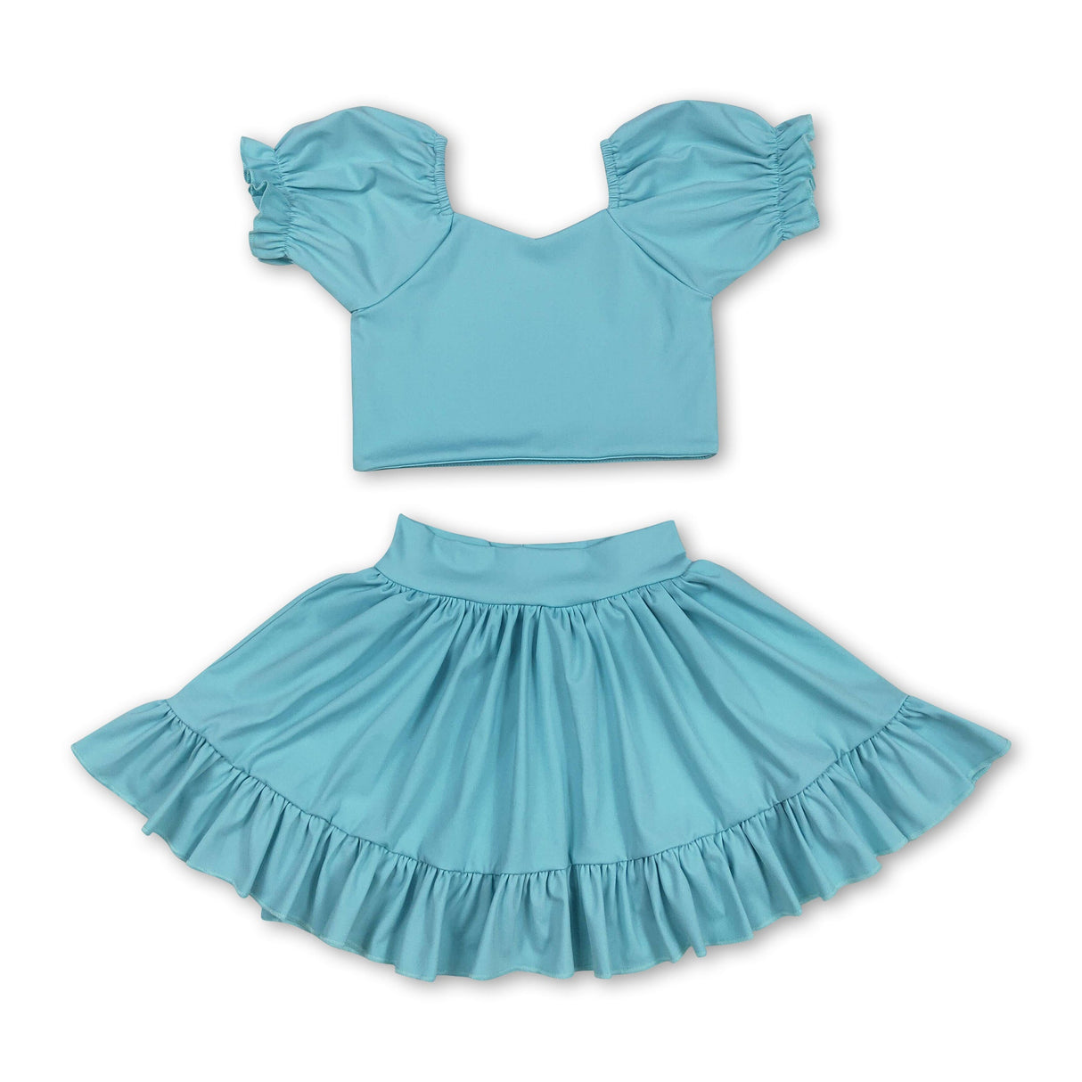 Aqua short sleeves crop top ruffle skirt girls active set