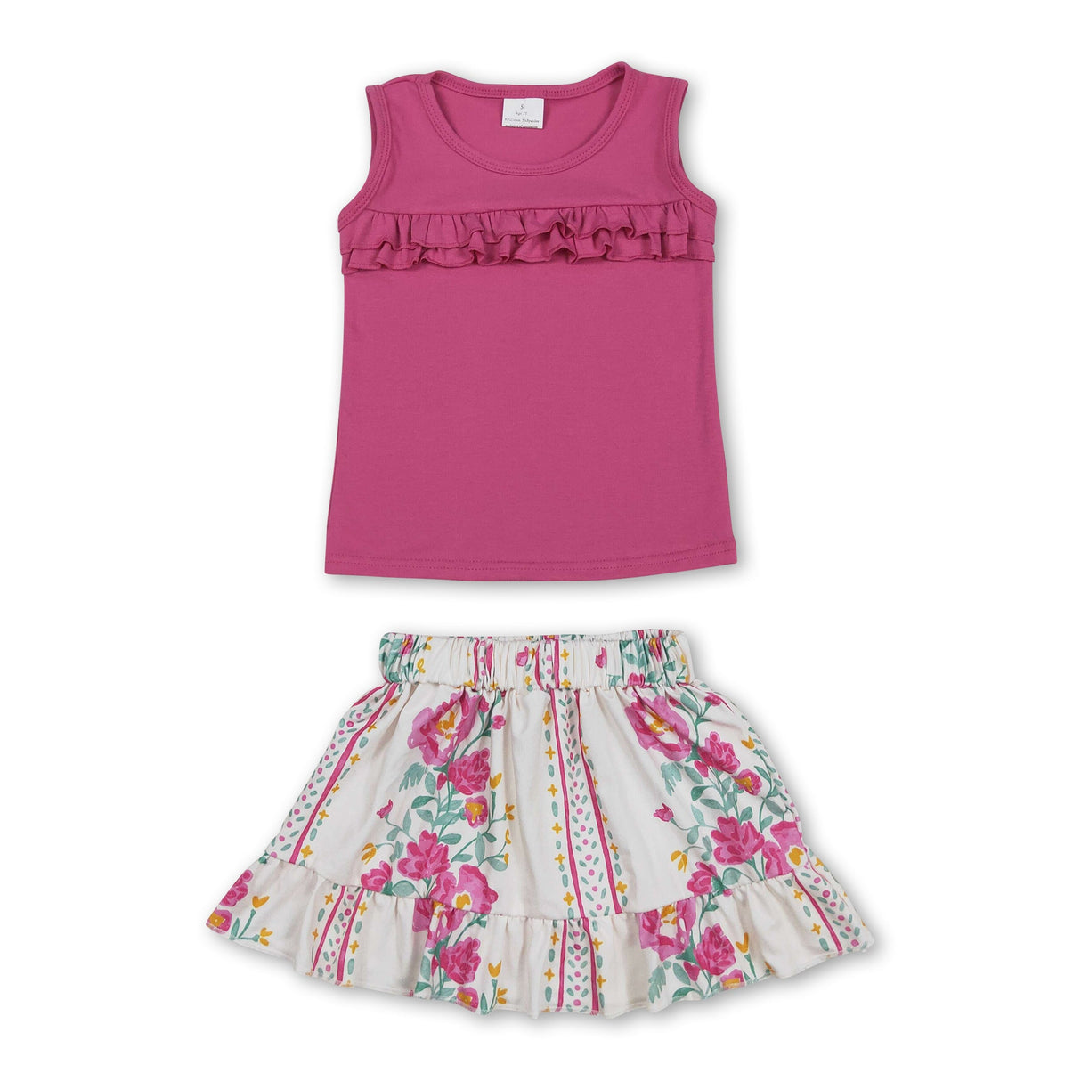 Pink ruffle top floral skirt kids girls summer clothes