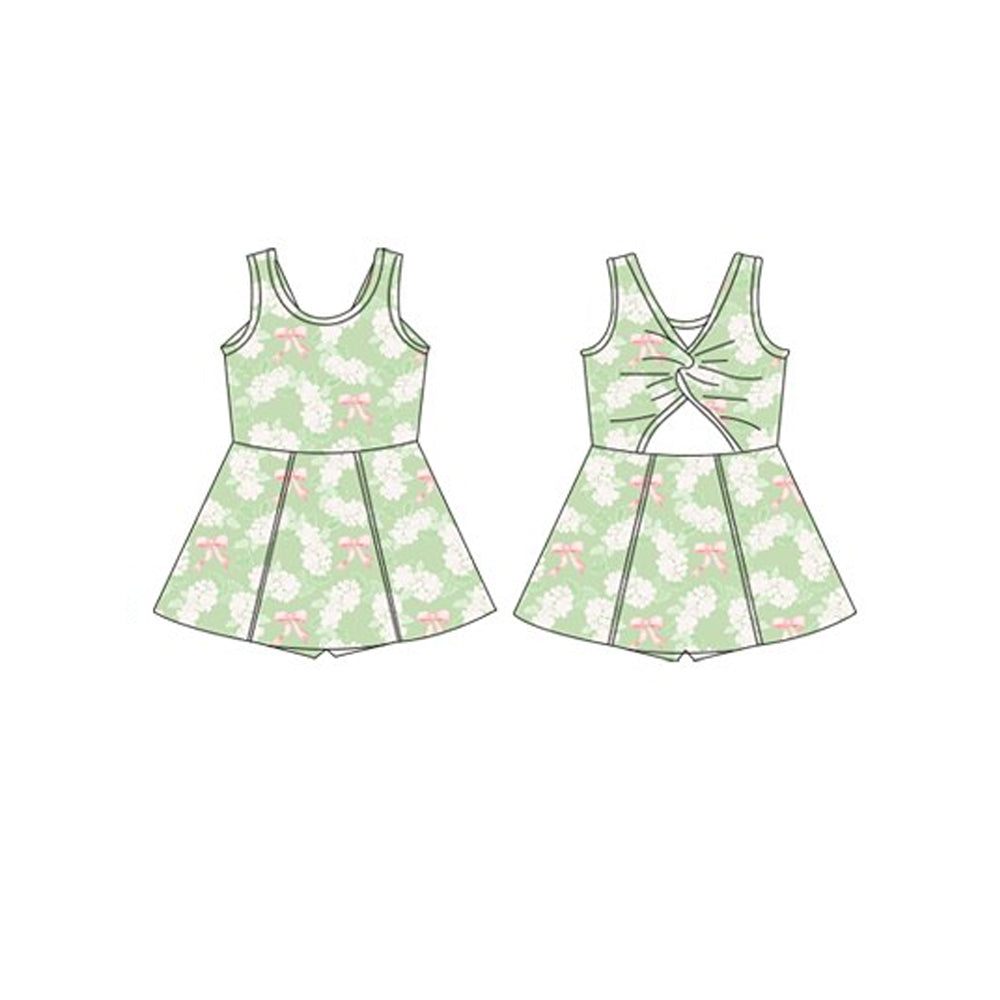Sleeveless green floral bow kids girls athletic dresses