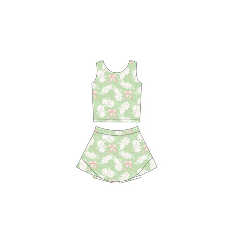 Green white floral bow sleeveless top skirt girls active set