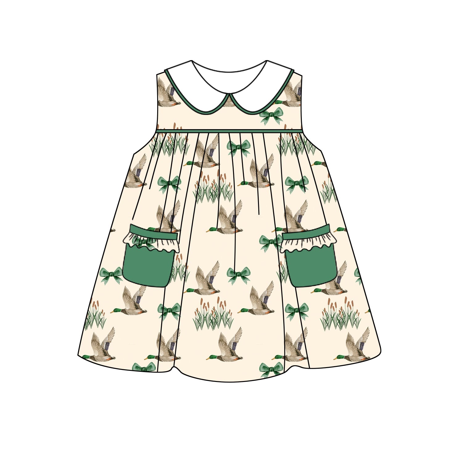 Sleeveless green bow duck pockets baby girls dresses