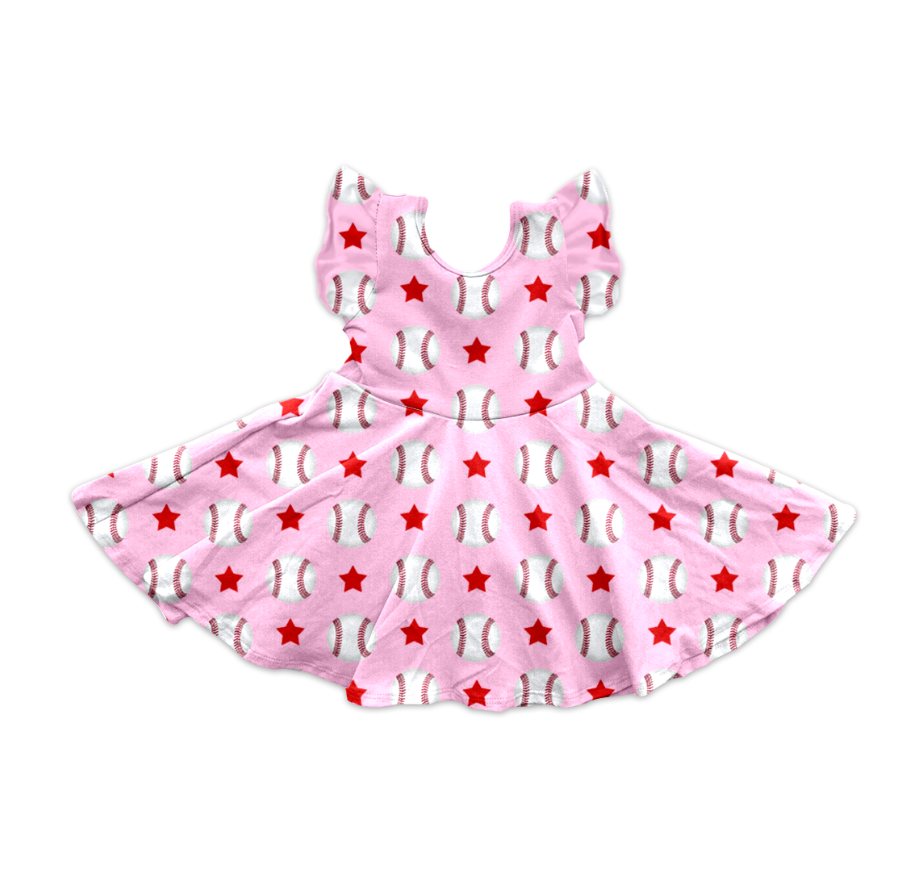 Flutter sleeves pink baseball stars kids girls dresses