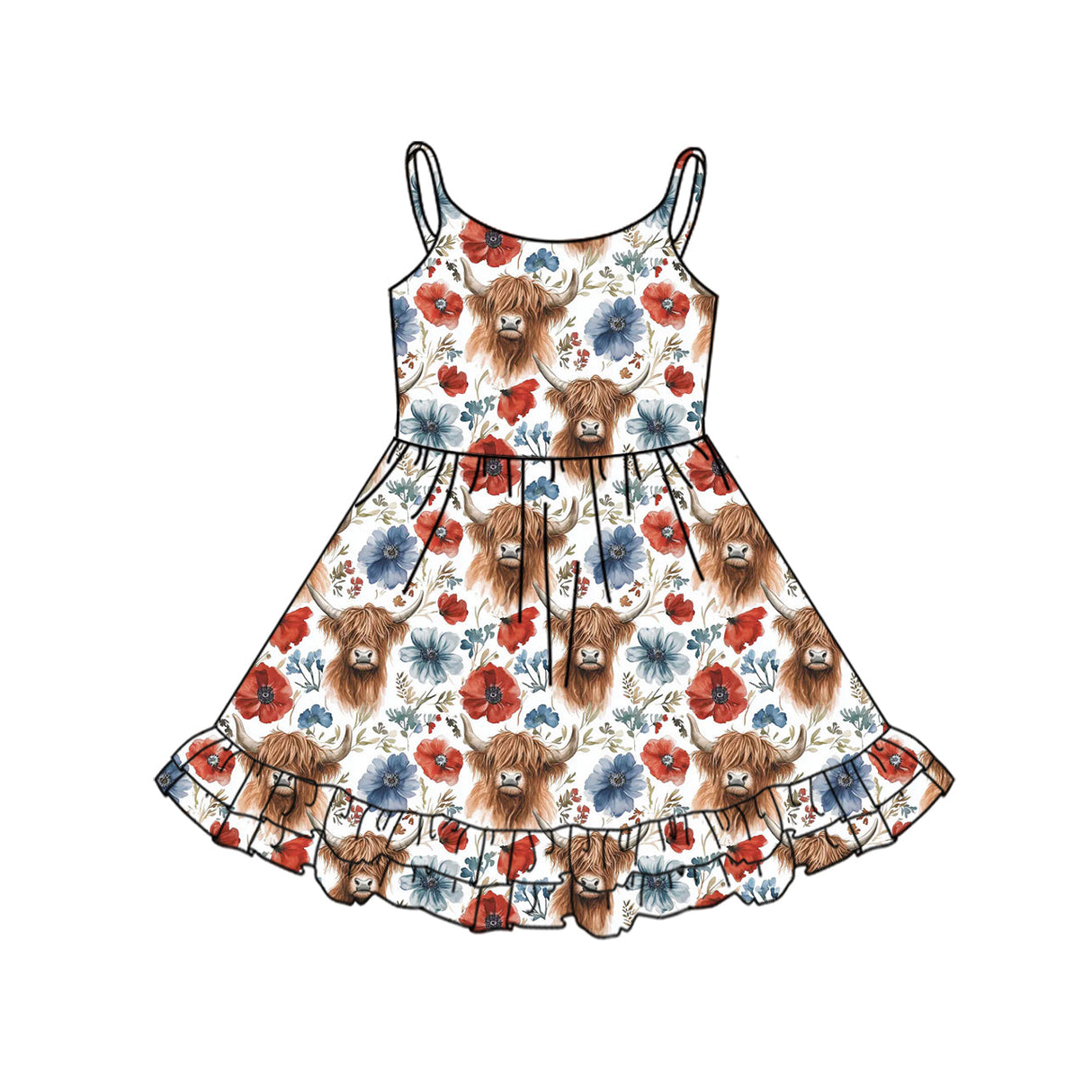 Straps highland cow red blue floral girls 4th of july dresses
