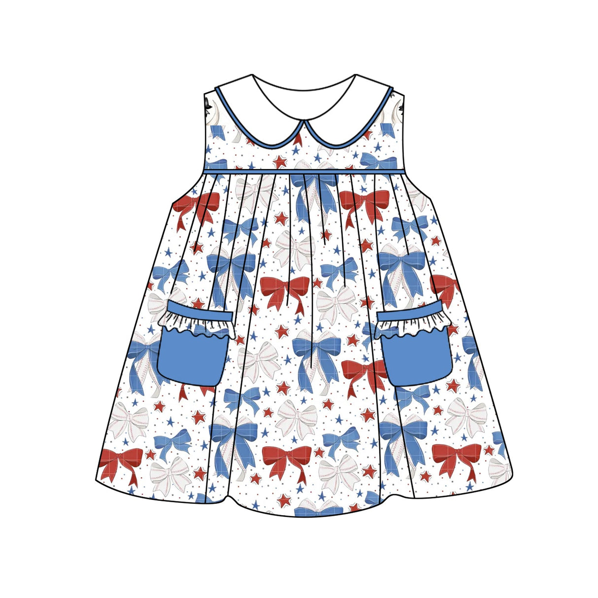 Sleeveless red blue bow pockets girls 4th of july dresses