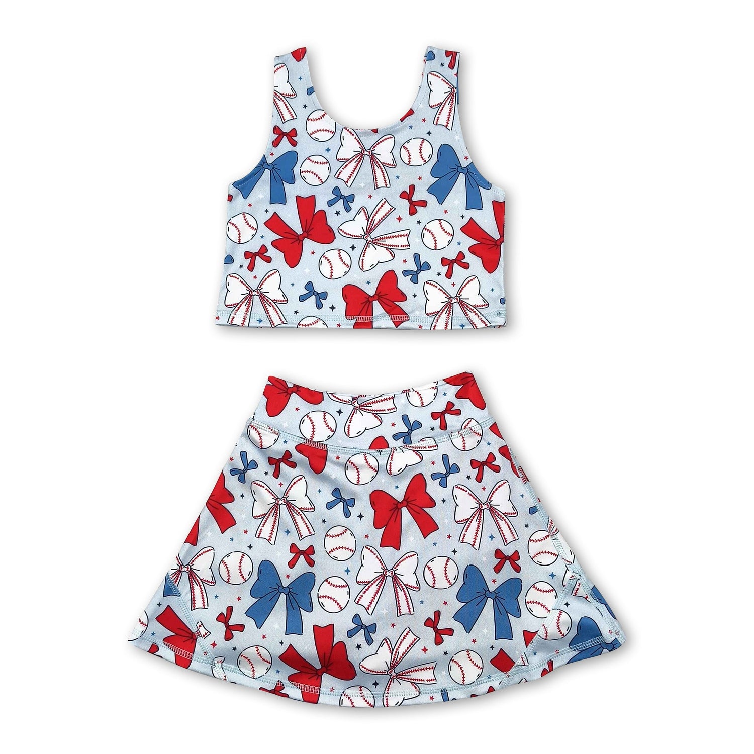 Sleeveless baseball red blue bow kids girls active wear set
