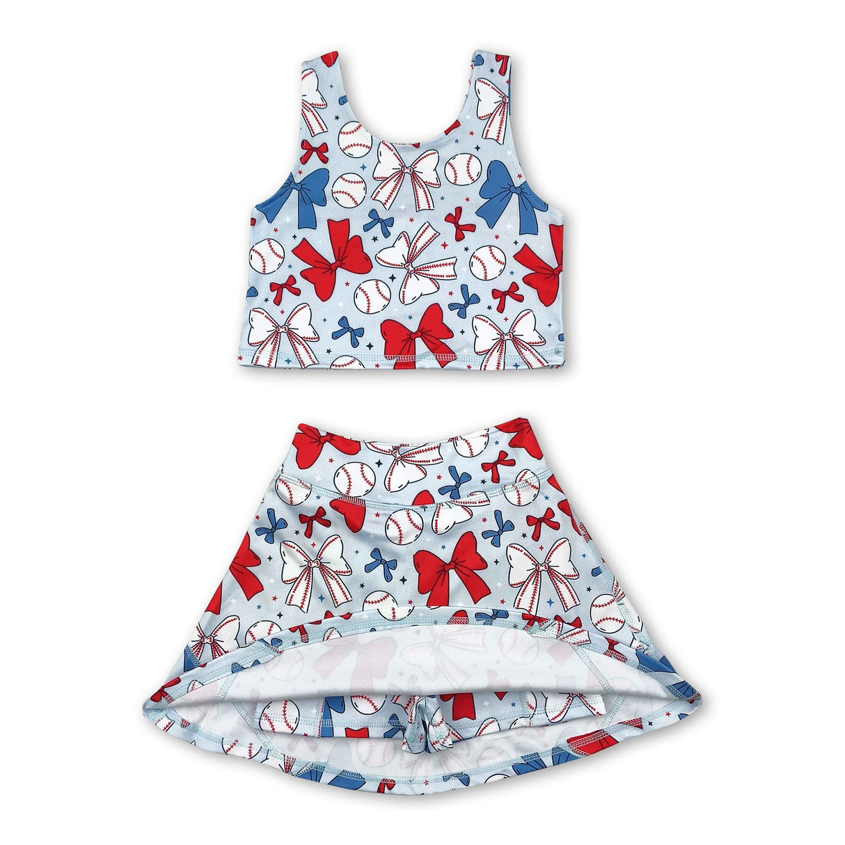Sleeveless baseball red blue bow kids girls active wear set