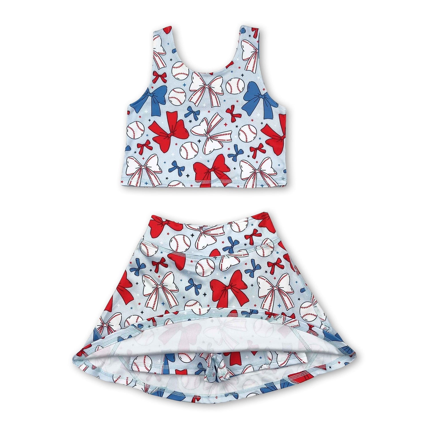 Sleeveless baseball red blue bow kids girls active wear set