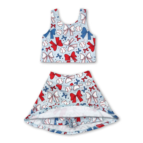 Sleeveless baseball red blue bow kids girls active wear set