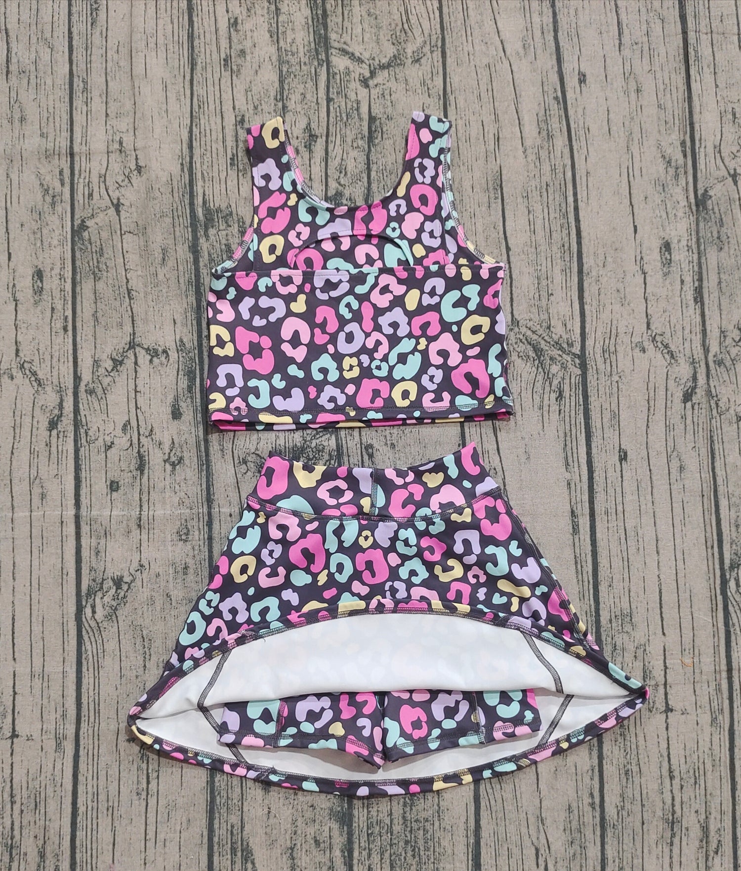 Sleeveless colorful leopard kids girls active wear set