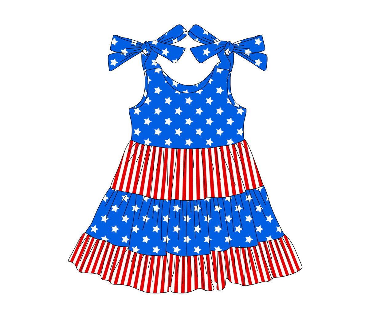 Straps stars stripe patchwork ruffle girls 4th of july dress