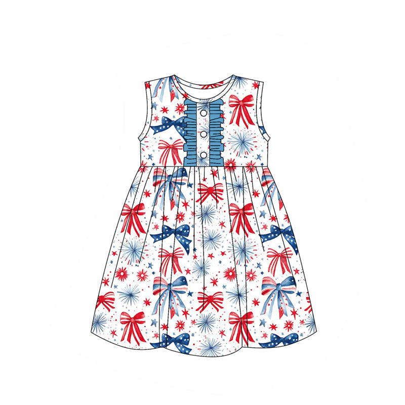Sleeveless red blue bow firework kids girls 4th of july dress