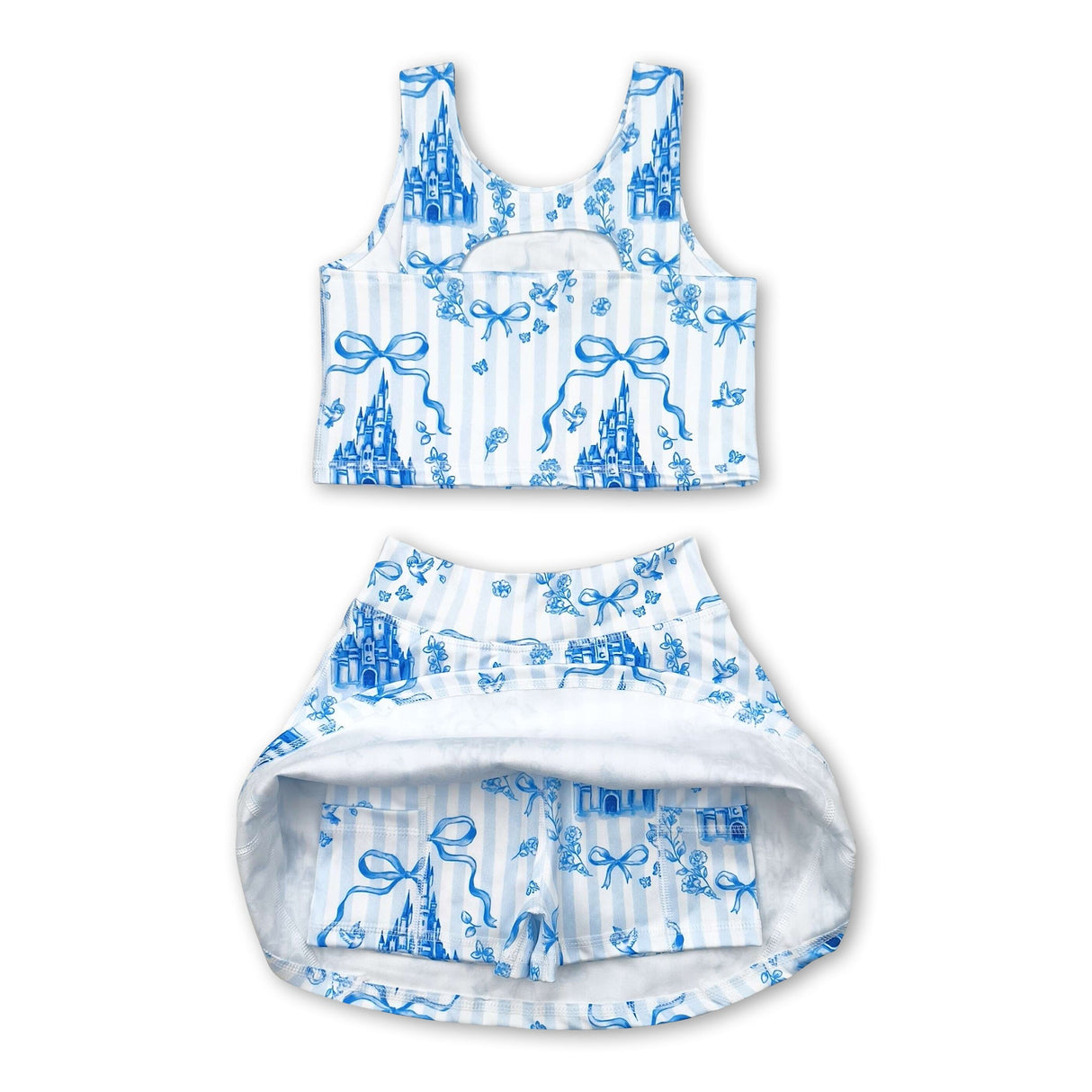 Sleeveless light blue bow castle top skirt girls active wear set