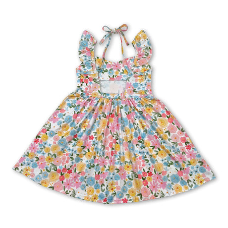 Flutter sleeves yellow floral backless kids girls dresses
