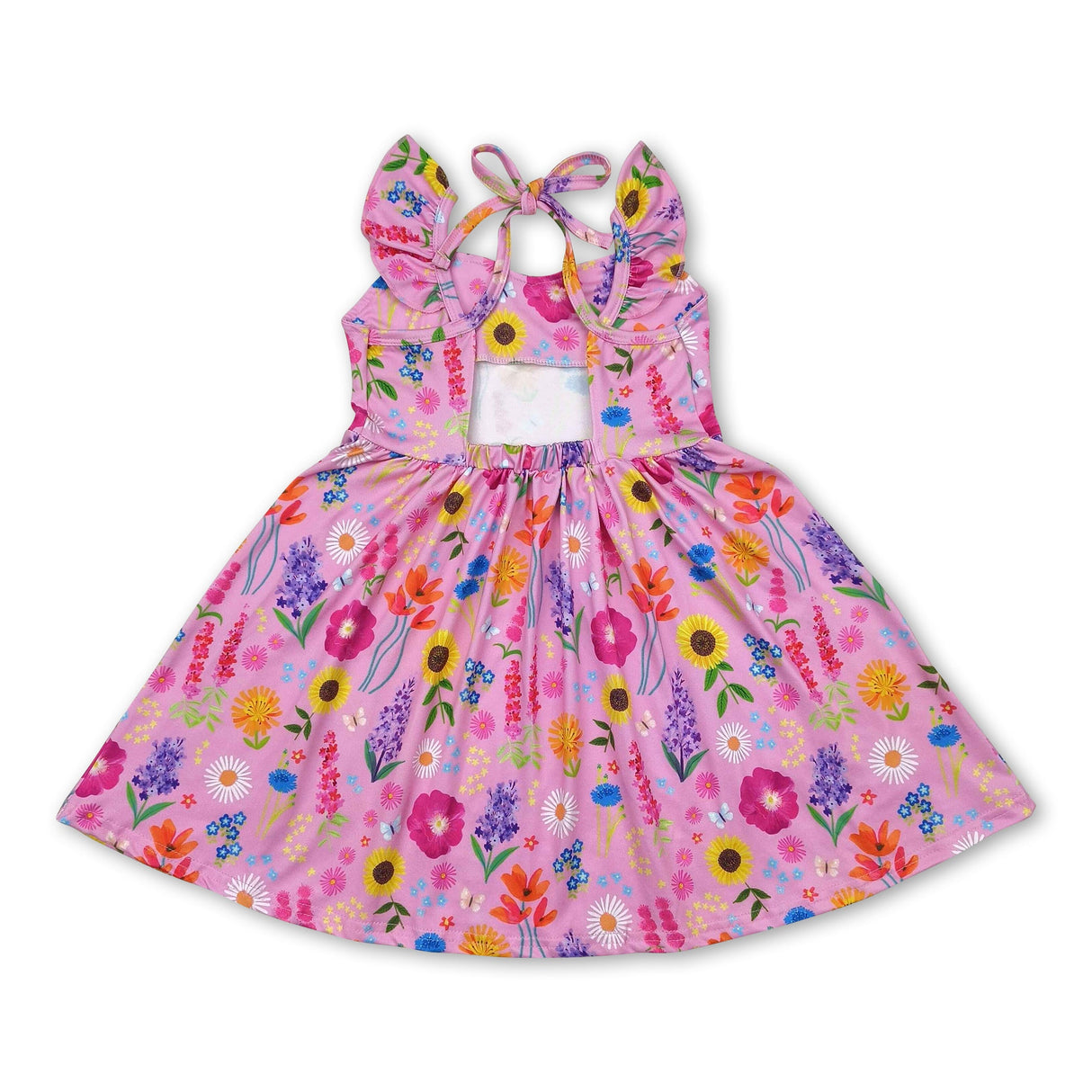 Flutter sleeves pink floral backless kids girls dresses