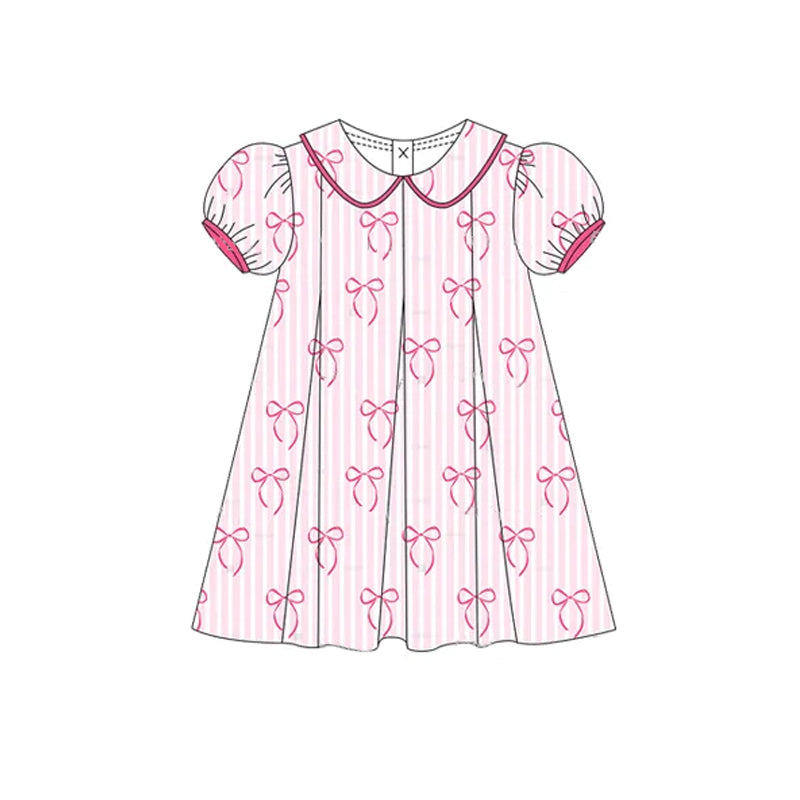Short sleeves pink stripe bow baby girls dresses