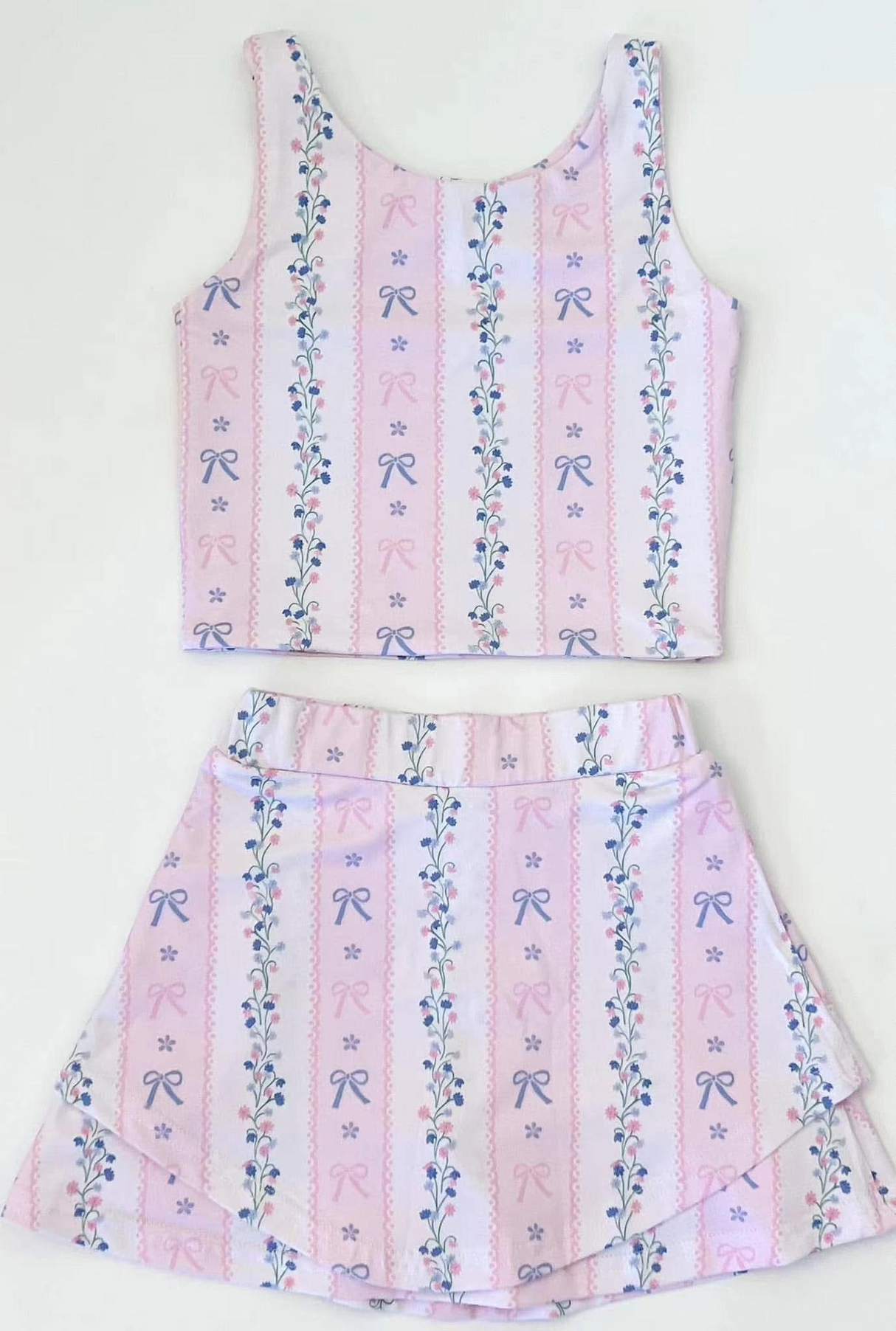 Sleeveless pink bow floral top skirt girls active wear set