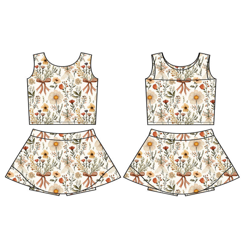 Sleeveless beige floral bow top skirt girls active wear set