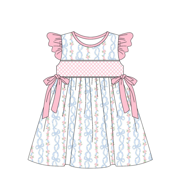 Pink flutter sleeves floral bow kids girls dresses