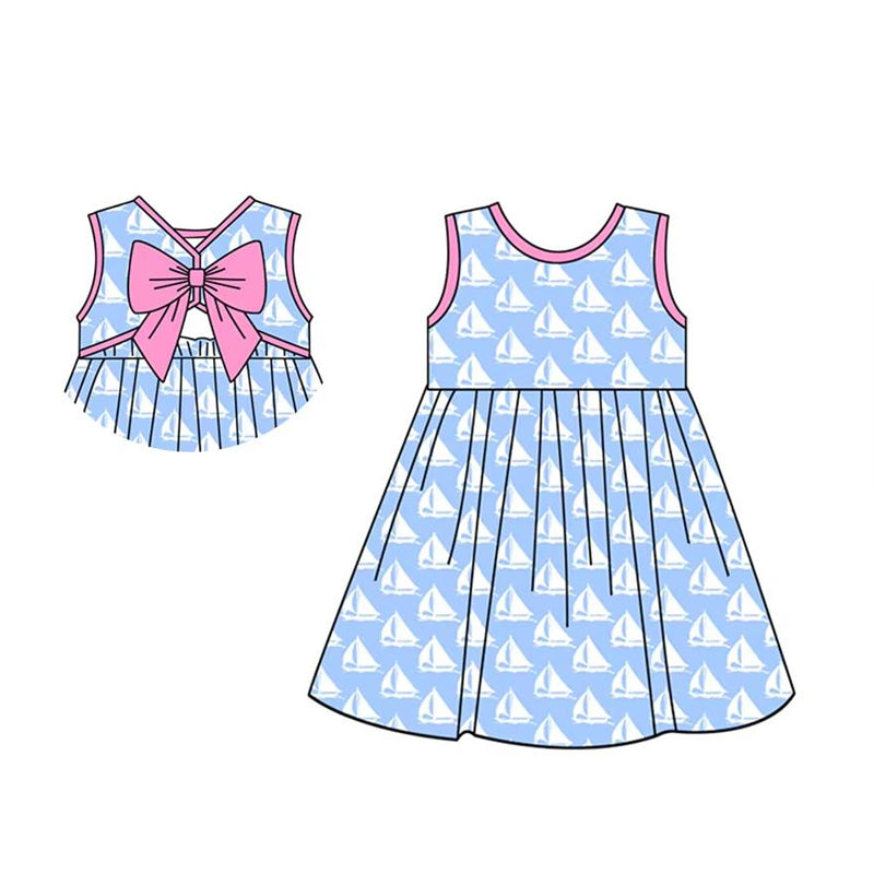 Sleeveless blue boat kids girls summer dresses