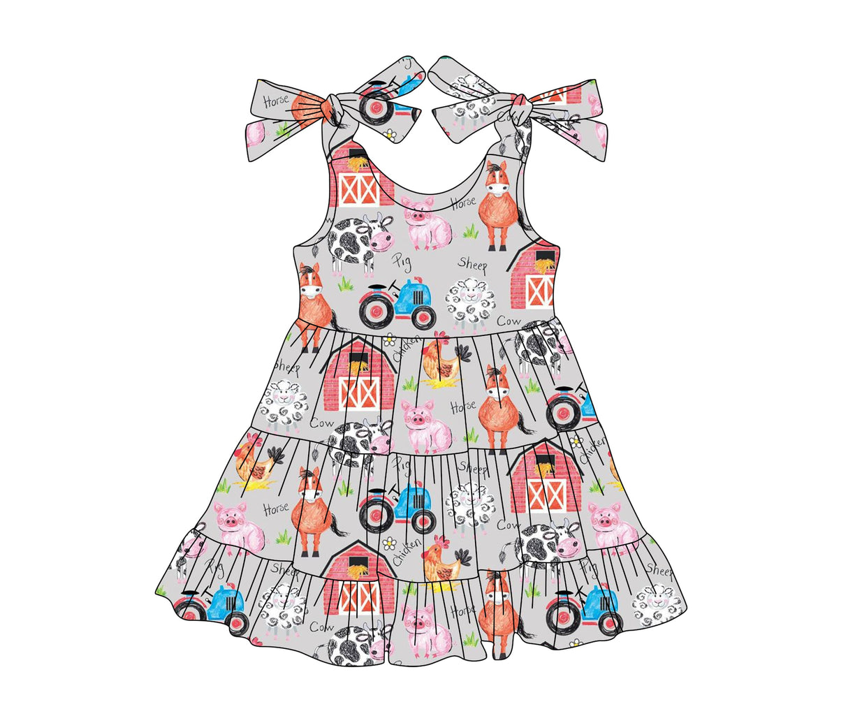 Straps cow horse pig sheep kids girls farm dresses