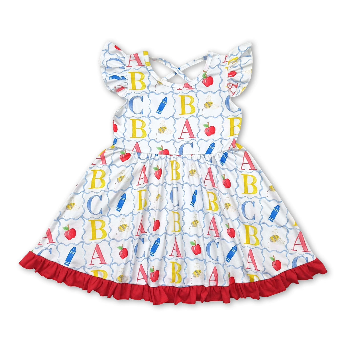 Flutter sleeves apple crayon ABC girls back to school dress