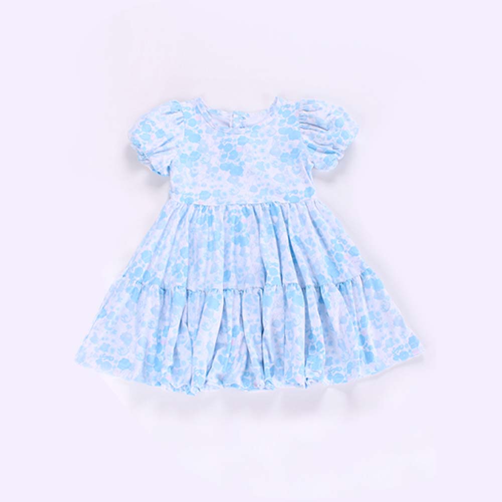Short sleeves light blue floral patchwork baby girls dress