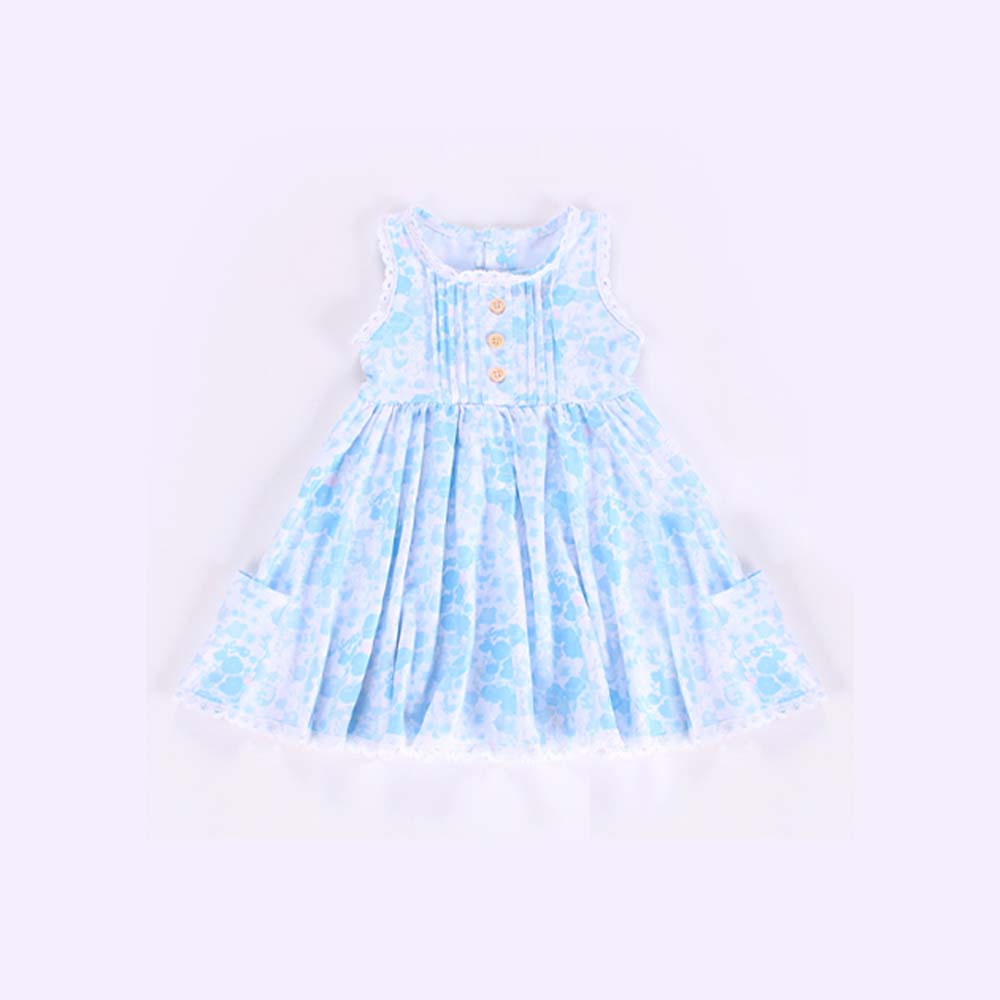 Sleeveless light blue floral pockets baby girls dress