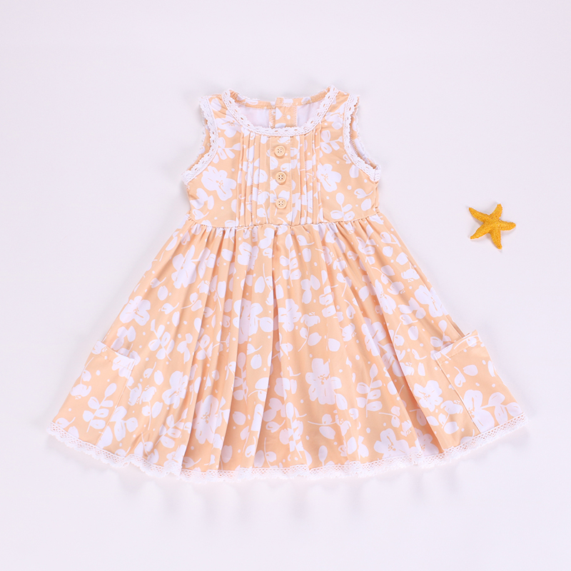 Sleeveless white floral pockets baby girls dresses