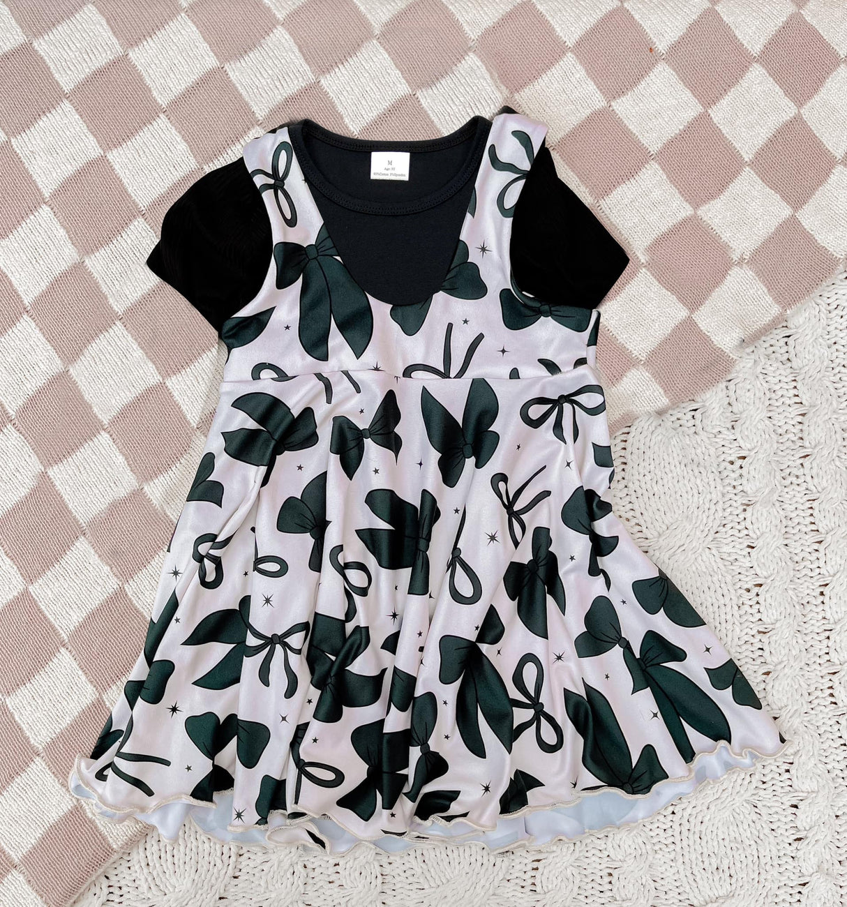 Short sleeves black top suspender bow dress girls clothes