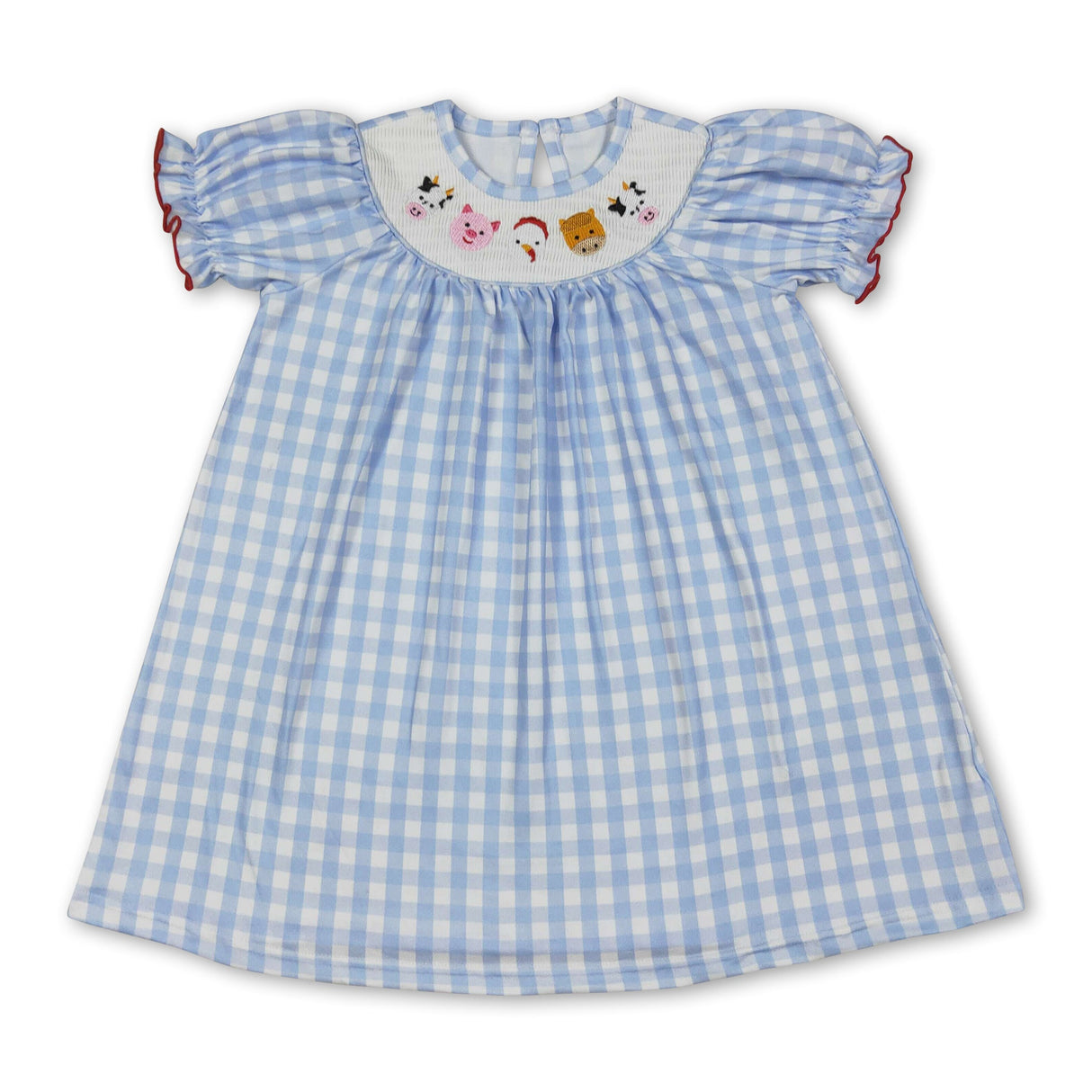 Cow pig chicken blue plaid short sleeves girls dresses
