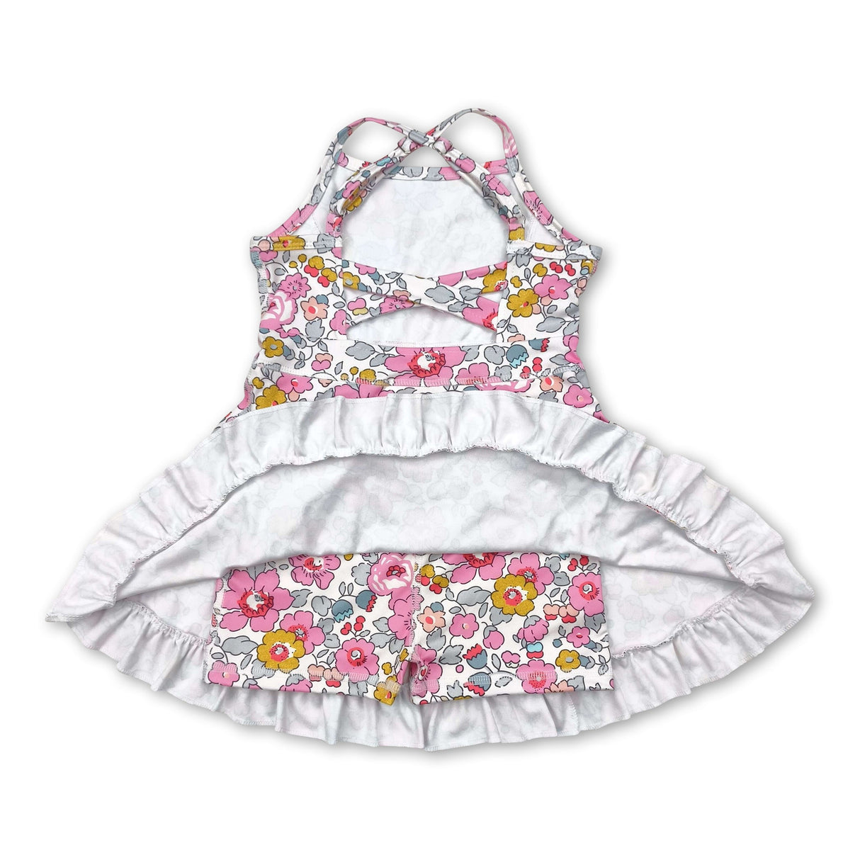 Straps pink floral ruffle kids girls athletic dresses