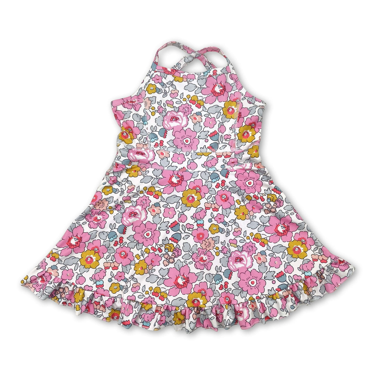Straps pink floral ruffle kids girls athletic dresses