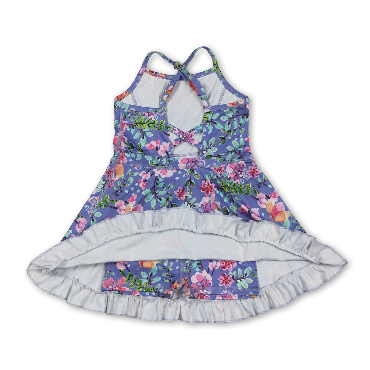 Straps light blue floral ruffle kids girls athletic dresses