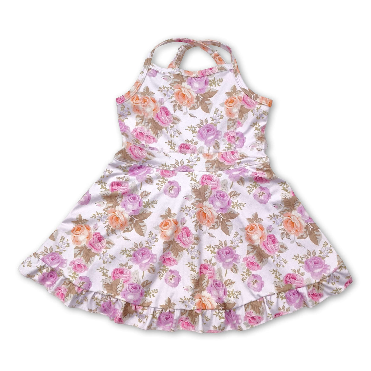 Straps pink yellow floral ruffle kids girls athletic dresses